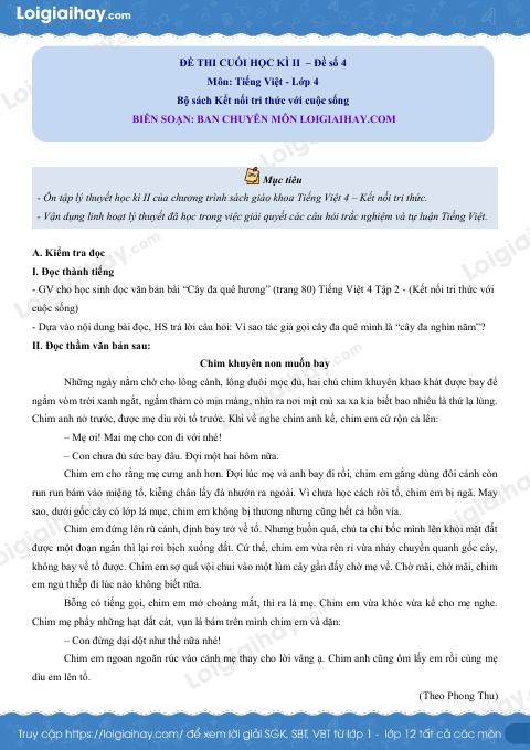 Đề thi học kì 2 Tiếng Việt 4 - Đề số 4